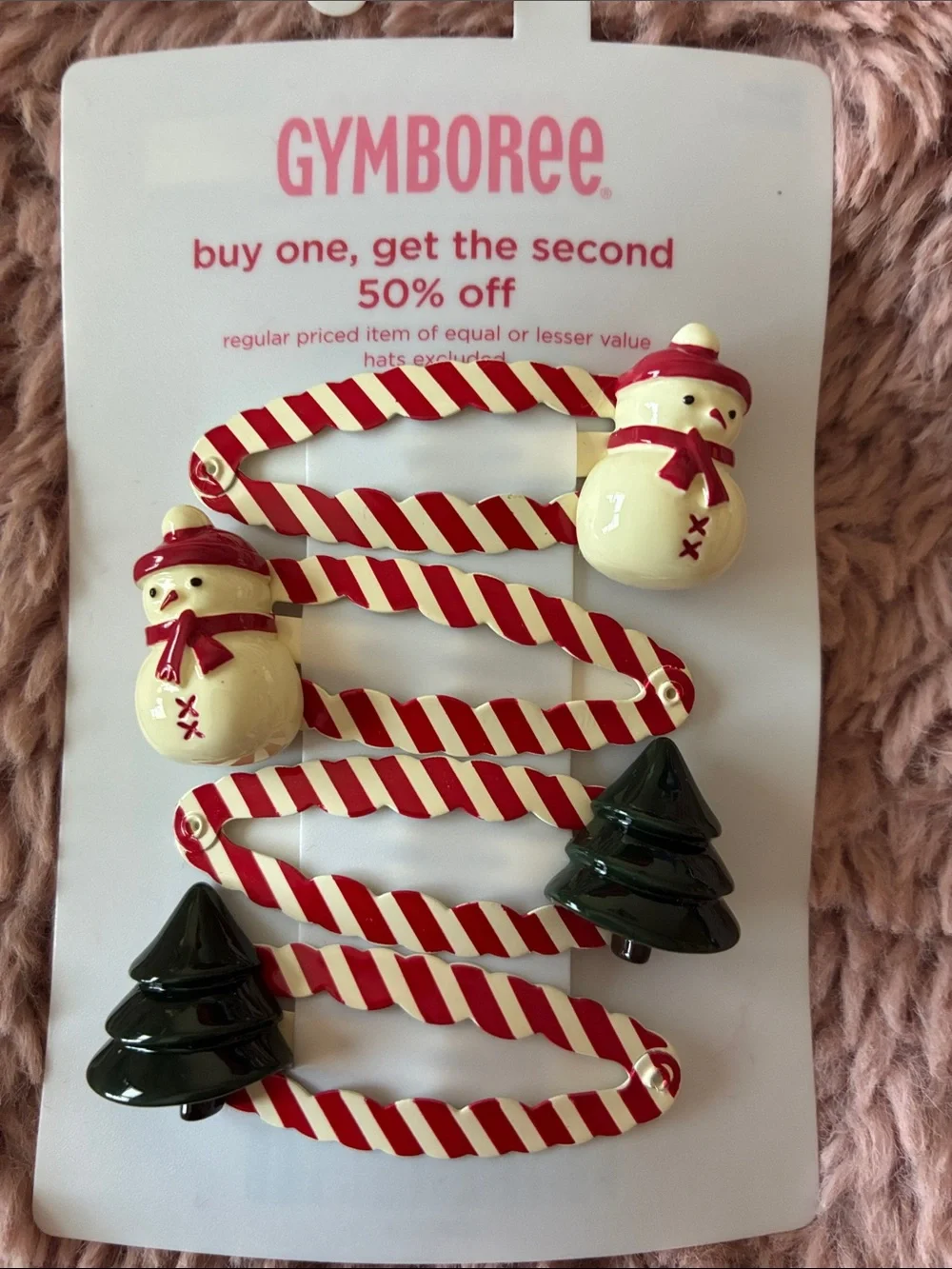 Gymboree Red, Cream & Dark Green Snowman and Tree Holiday Hair Clips